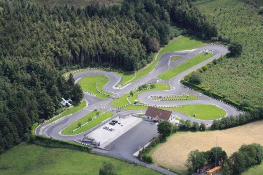 Aerial daytime view of the 1100m asphalt karting circuit